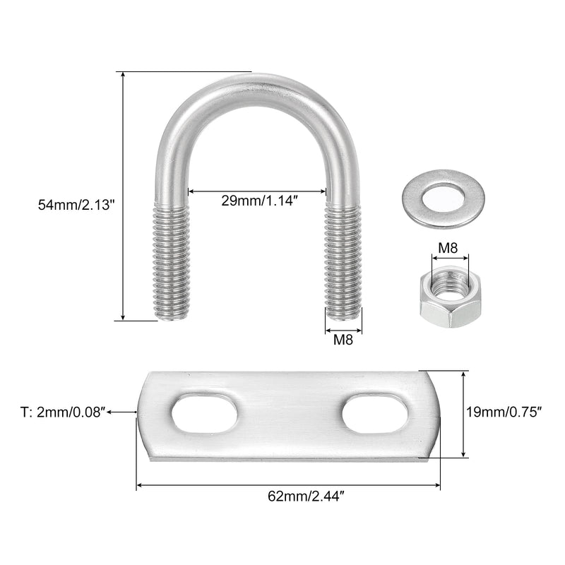 [Australia - AusPower] - uxcell Round U-Bolts, 8 Sets 36mm(1.42") Inner Width 60mm Length M8 304 Stainless Steel U Clamp Bolt with Nuts and Plates, for Boat Trailer M8 x 33mm Inner Width x 60mm Length 