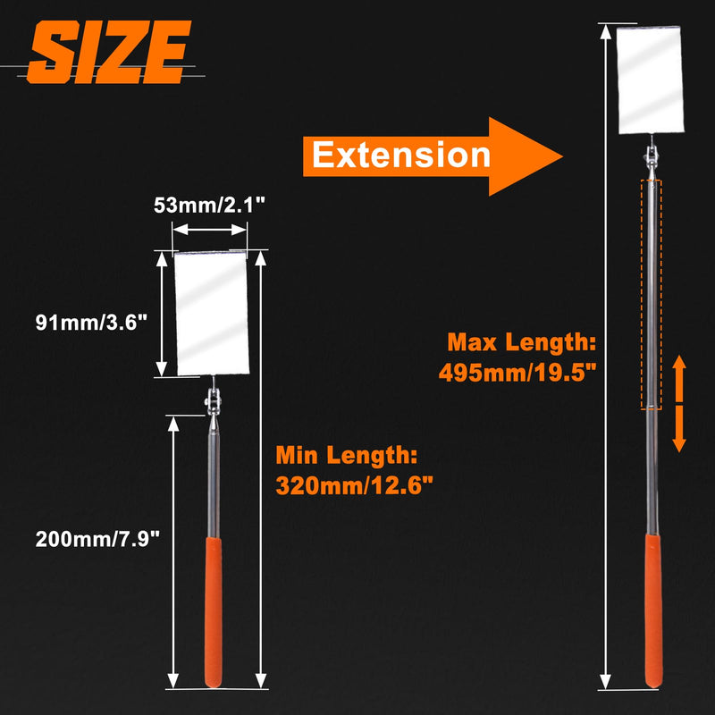 [Australia - AusPower] - Telescoping Auto Inspection Mirror 360° Swivel Head Rectangular Mechanic Mirror Extendable Mirror Up to 19.5" Long Inspection Mirror on a Stick for Checking Observe Vehicle and Small Details 