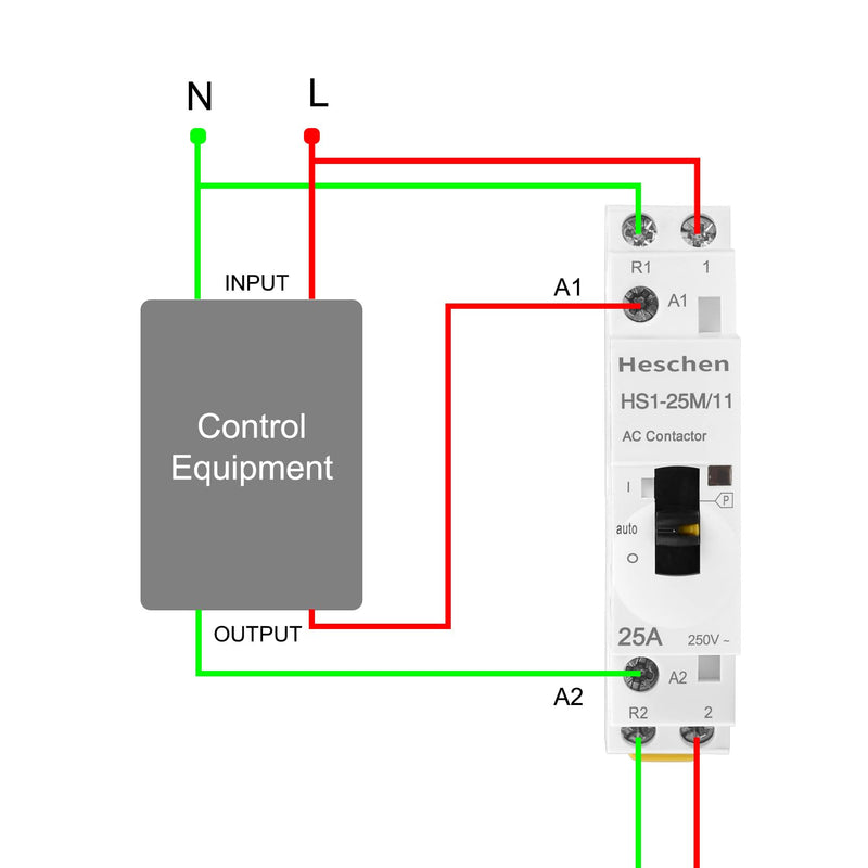 Heschen Modular Household AC Contactor, HS1-25M/11, 25A, 2 Poles, 1NO 1NC, 220VAC Coils, 35mm DIN Rail Mounting, with Manual Control Switch