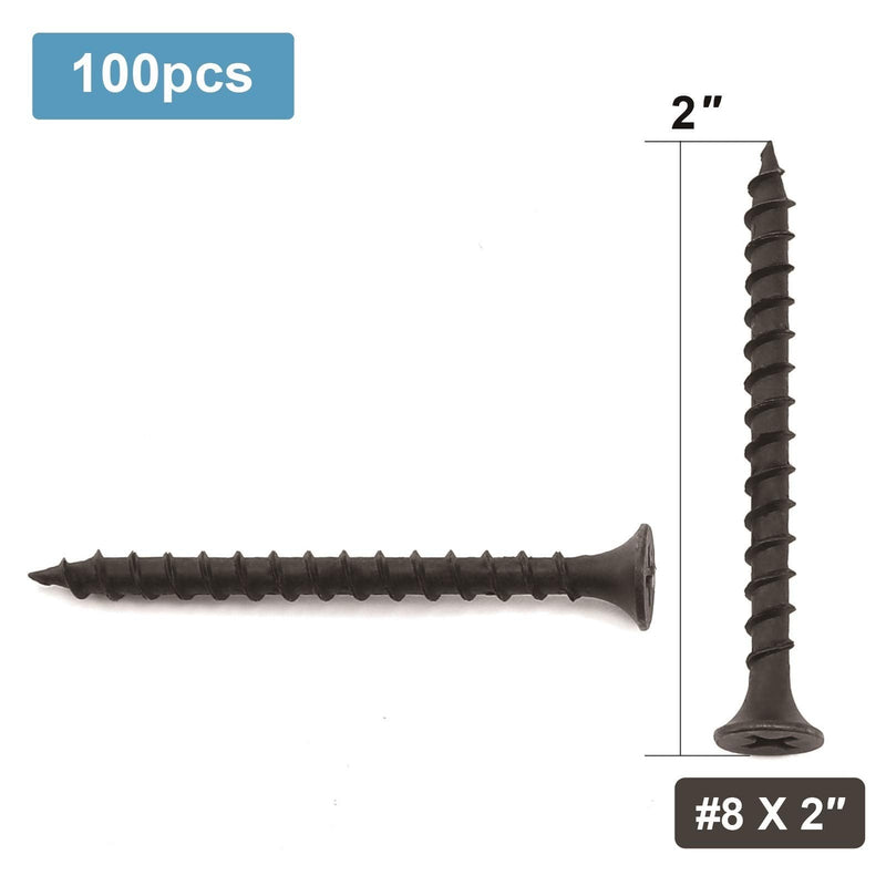 [Australia - AusPower] - #8 x 2" Wood Screw 100PCS Black Phosphate Coated Stainless Flat Truss Head Fast Self Tapping Drywall Screws by SG TZH 100 #8 x 2" 
