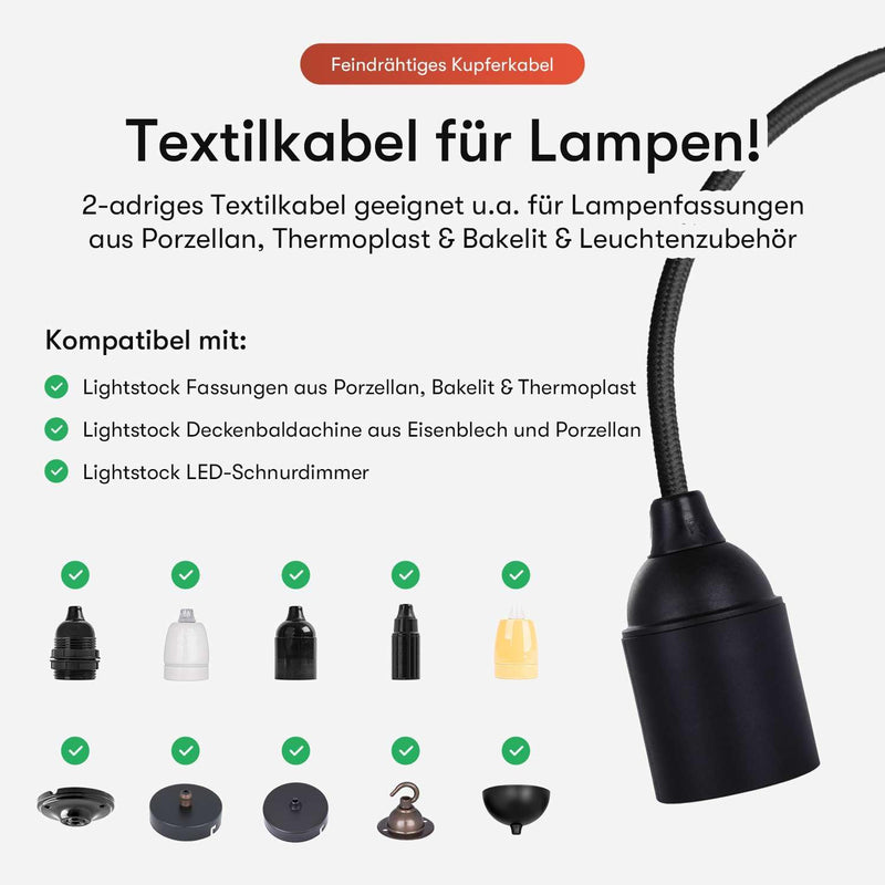 Textile Cable for Lamps, Various Colors, 2 Core, 2 x 0.75 mm2, black 5 meters