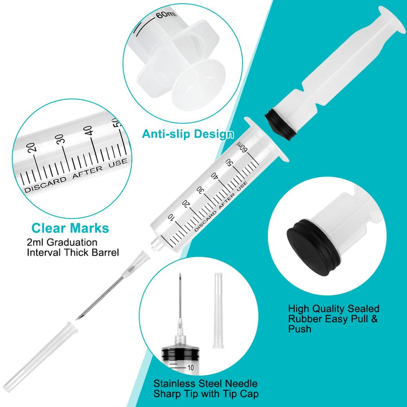 [Australia - AusPower] - 2 Pack 60ml Syringe with 55.1” Tube and Needle 16G 1.5”, Luer Lock Syringes with Cap for Fluid Suction Injector, Drawing Oil, Fluid, Water, Lab, Pets 60 ml 2.0 