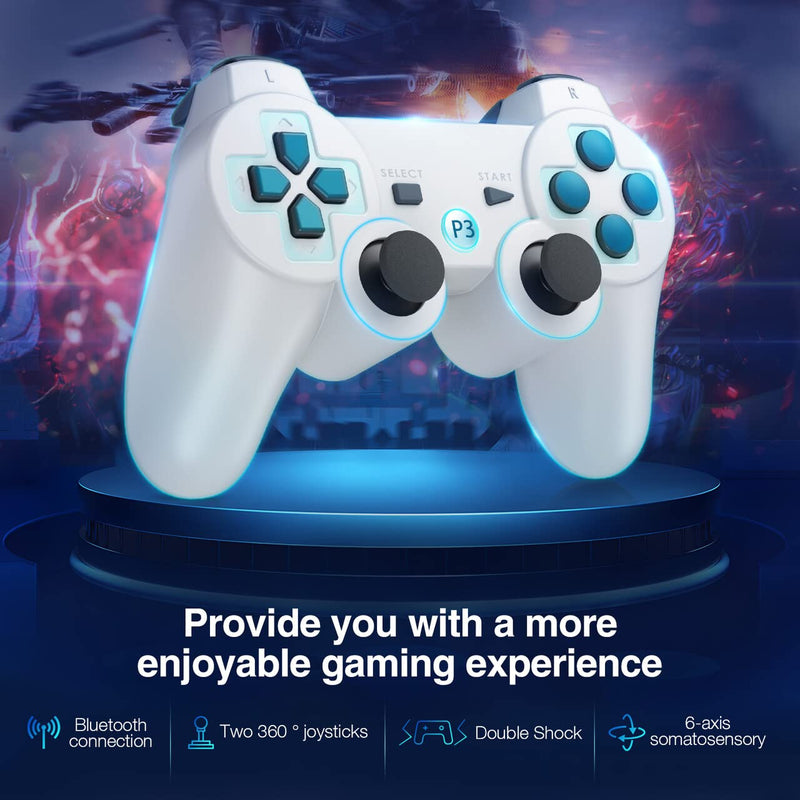 [Australia - AusPower] - Powerextra PS-3 Wireless Controller Compatible with Play-Station 3, 2 Pack High Performance Gaming Controller with Upgraded Joystick Double Shock for Play-Station 3 (White) 