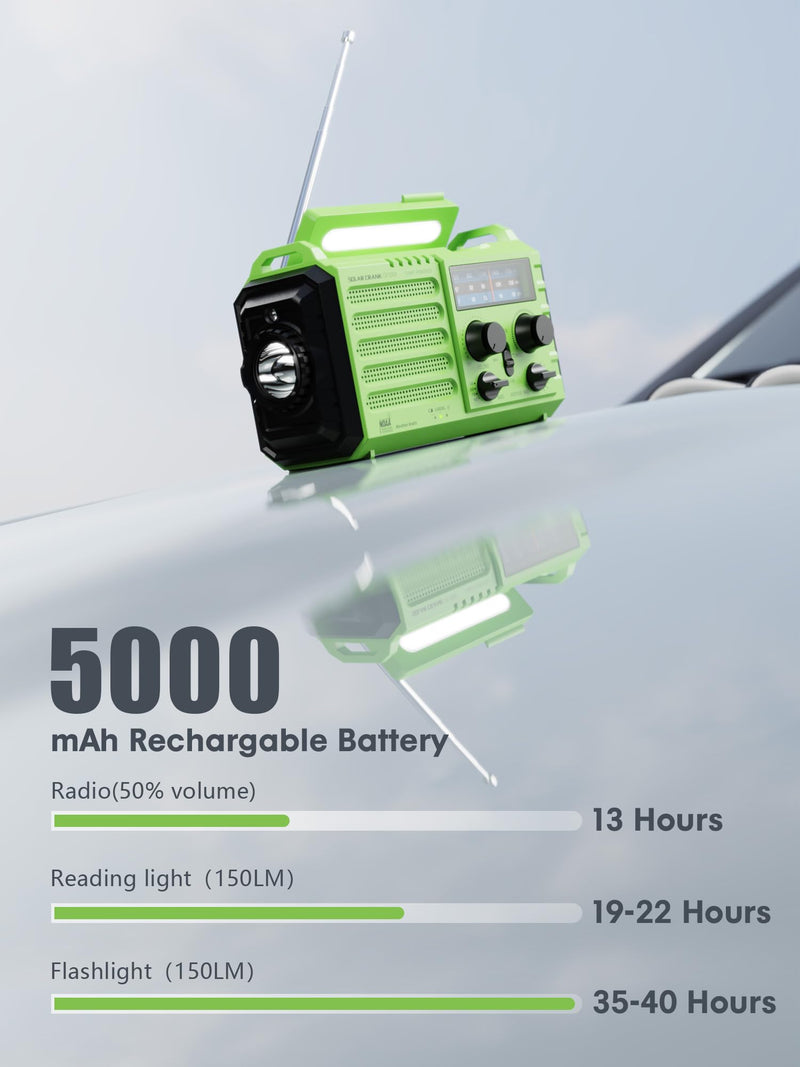 [Australia - AusPower] - Weather Radio Raynic Solar Hand Crank Emergency Radio 5 Ways Powered AM/FM/SW/NOAA Weather Alert Portable Radio with Flashlight, Reading Lamp (Green) Green 