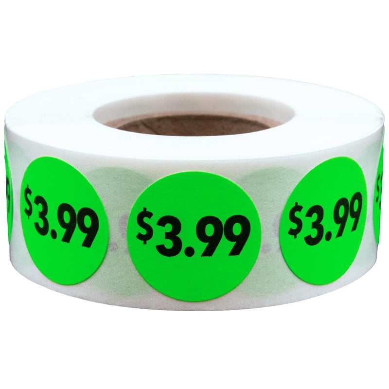 Fluorescent Green 3.99 Stickers – 3/4 Inch Round Circle Dot Labels, 500 Total Adhesive Stickers Per Roll for Pricing, Retail Sales, Inventory, and Packaging – Made in the USA $3.99