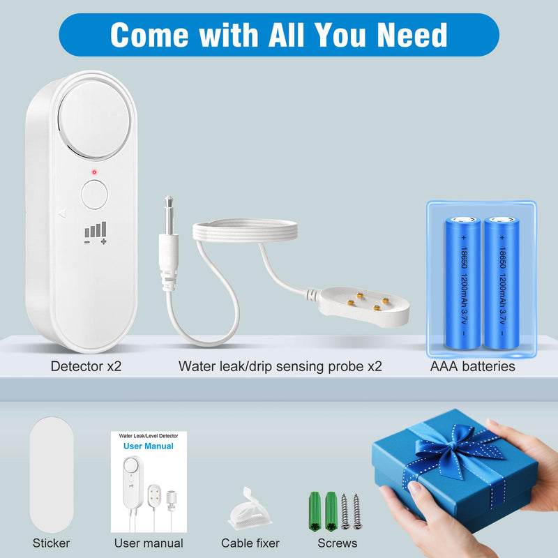 [Australia - AusPower] - Daytech 3in1 Water Alarm for Basements with 6.5ft Detection Cable, Water Sensor for Bathroom, Water Leak Detectors for Home/RV/Kitchen,Sump Pump Alarm for Water Heater/Washing Machine/Sink (2 Pack) White A 2 Pack 