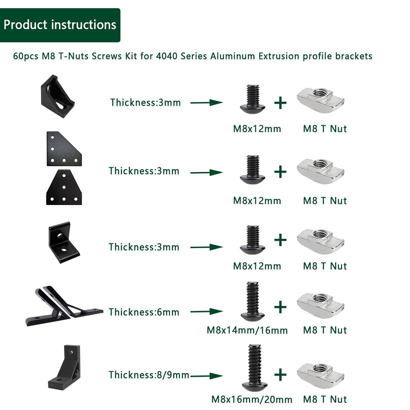 [Australia - AusPower] - 60Pcs 4040 Aluminum Extrusion Hardware Accessories, M8 T Nuts scerws kit for 10mm T Slot Rail 4040 Aluminum Extrusion Connectors 60pcs 4040 Series M8 T Nuts Scerws Kit(Black) 