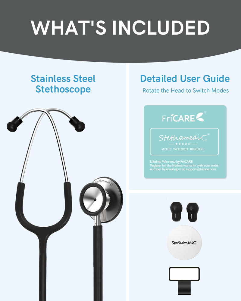 [Australia - AusPower] - FriCARE Dual Head Stethoscope - Stethoscopes for Nurses, Medical Nursing Students, Paramedics/EMT/LVN/VNA Backup - FSA/HSA Eligible Estetoscopio, Black Tube, Stainless Steel Chestpiece Mirror Black 