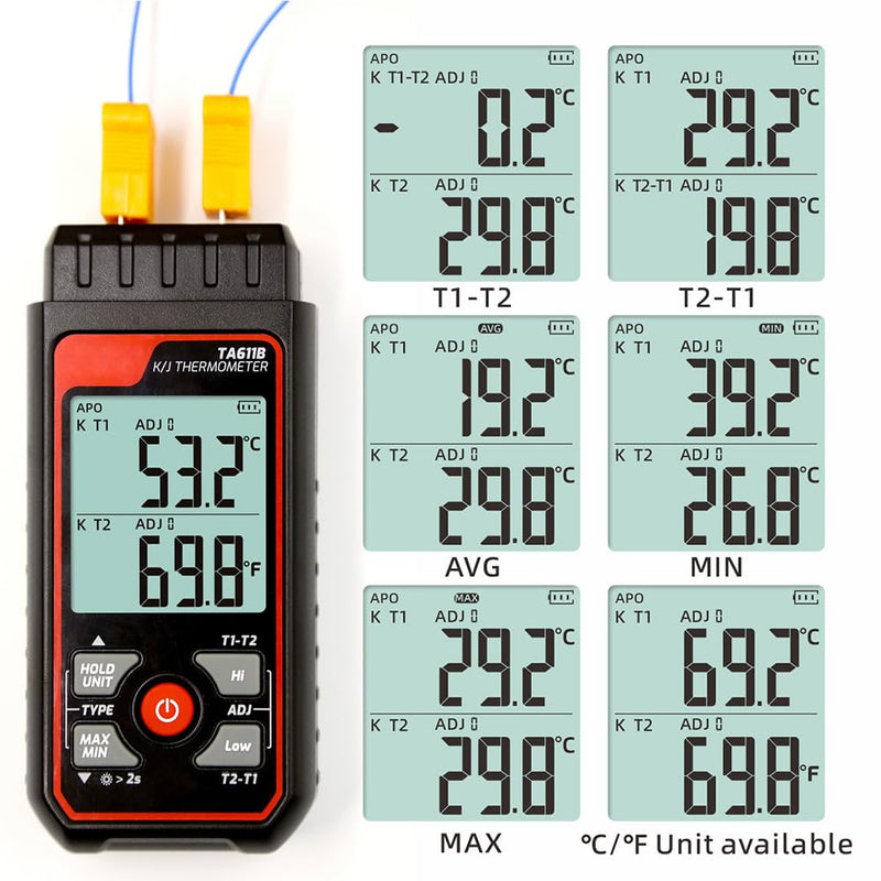 [Australia - AusPower] - Digital Thermocouple Thermometer Dual-Channel K/J Type Thermometer -328~2501℉ Wide Range Industrial HVAC Temperature Meter with 4PCS of K-Type Thermocouple Probes, Alarm,Temp Conpensation 