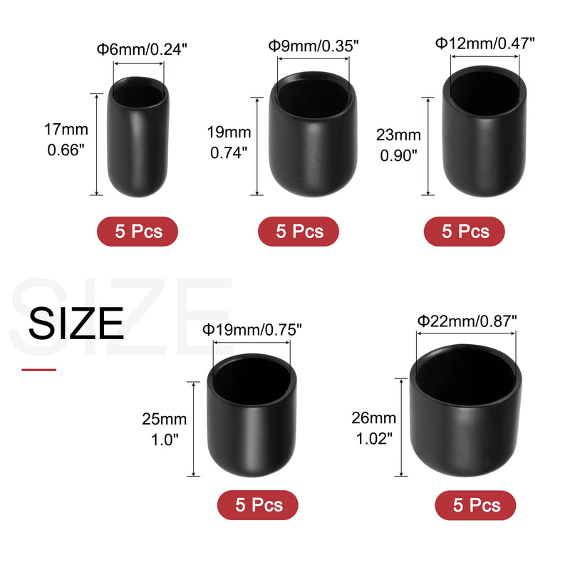 [Australia - AusPower] - uxcell 25pcs Round Rubber End Caps 1/4" 3/8" 1/2" 3/4" 7/8" Black Vinyl Cover Screw Thread Protectors Assortment Kit 1/4" 3/8" 1/2" 3/4" 7/8" 25 