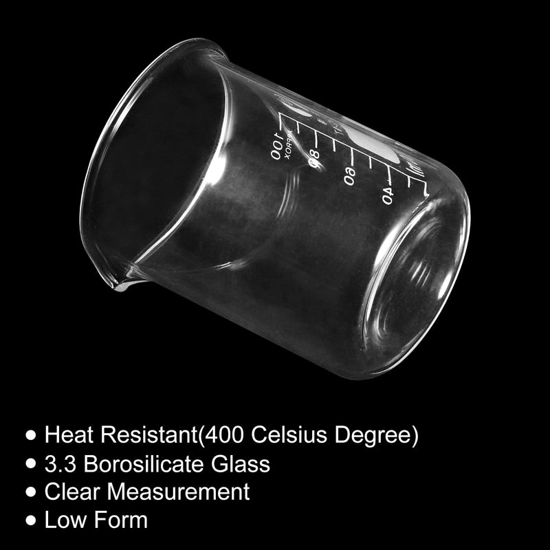 PATIKIL 3Pcs 100ml Low Form Glass Beaker, 3.3 Borosilicate Glass Graduated Printed Scale Measuring Cups with Spout for Kitchen Lab Liquids (Pack of 2) 100ml (Pack of 2)