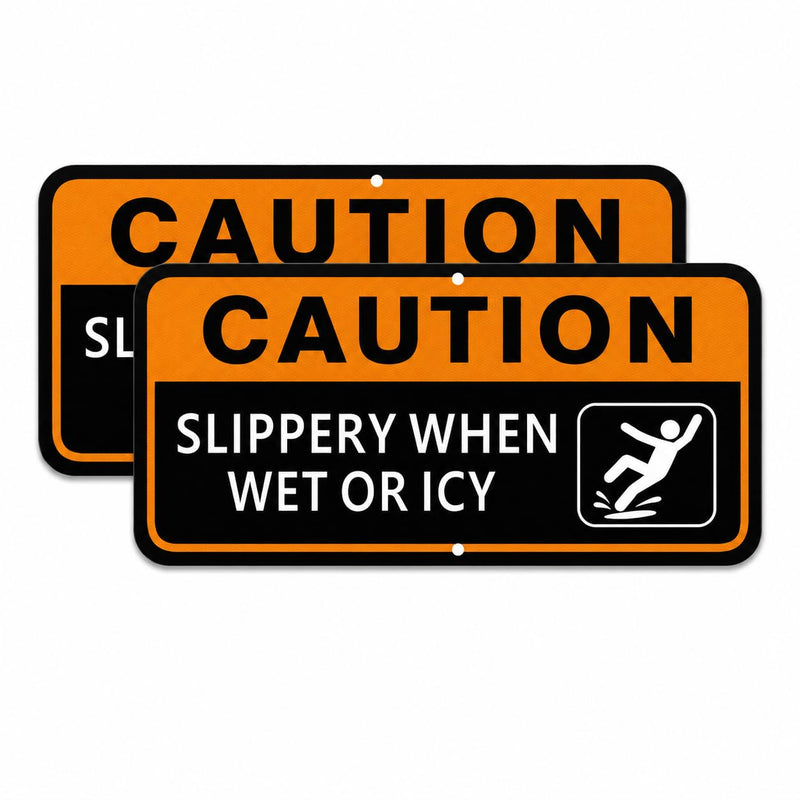 2 Pack Caution Slippery When Wet or Icy Sign, 12 x 6 Inch Reflective Aluminum Safety Warning Sign, UV Protected, Weather Resistant, Easy to Mount