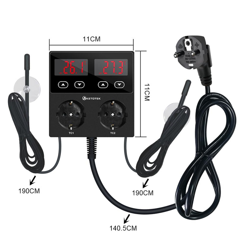 [Australia - AusPower] - KETOTEK KT99pro Dual Digital Temperature Controller Output 10A Relay Heating Cooling Thermostat Controlled Socket with Sensor for Reptile Brewing, Fermentation, Breeding, Incubation, Greenhouse 
