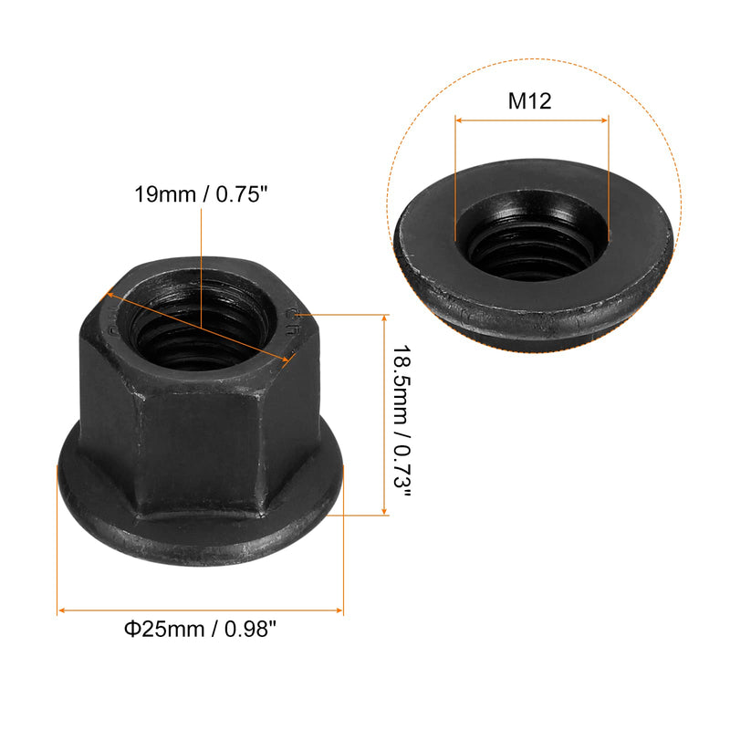 [Australia - AusPower] - uxcell M12 Flange Hex Nuts, 2pcs Grade 12.9 Carbon Steel Black Oxide Finished Hex Flange Nuts for Machinery 2 