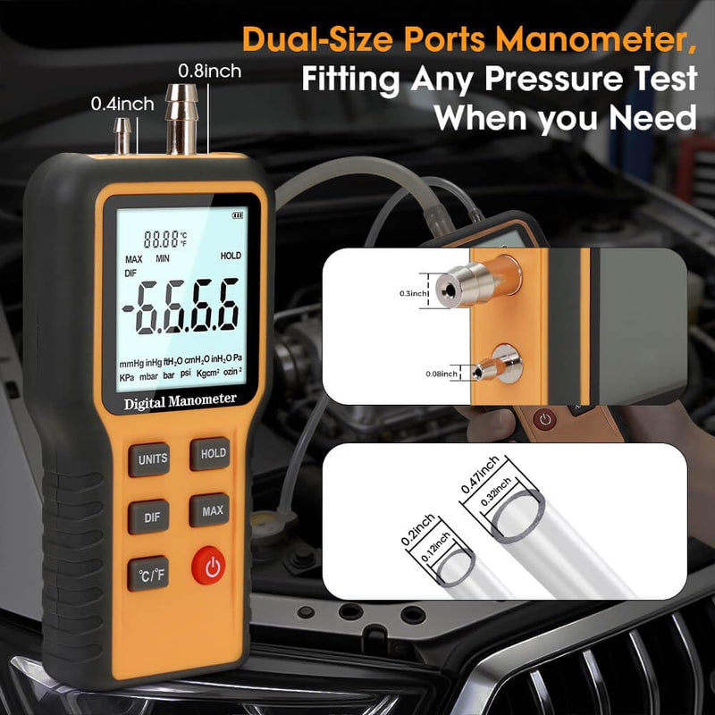 Manometer, Digital Manometer HVAC, Dual-Port Gas Pressure Tester, 12 Units Differential Pressure Gauge, Data Storage & Zeroing, Air Pressure Meter with LCD Blacklit 0.4&0.4inch