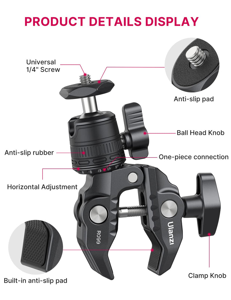 [Australia - AusPower] - Camera Clamp Mount Accessories for Gopro - ULANZI R099 Super Clamp Ball Head Mount 1.5kg/3.3lb Loading Metal Bike Motorcycle Handlebar Attachments for DSLR Gopro Hero 5/6/7/8/9/10/11 Black/Insta 360 Gopro/Phone Mount 