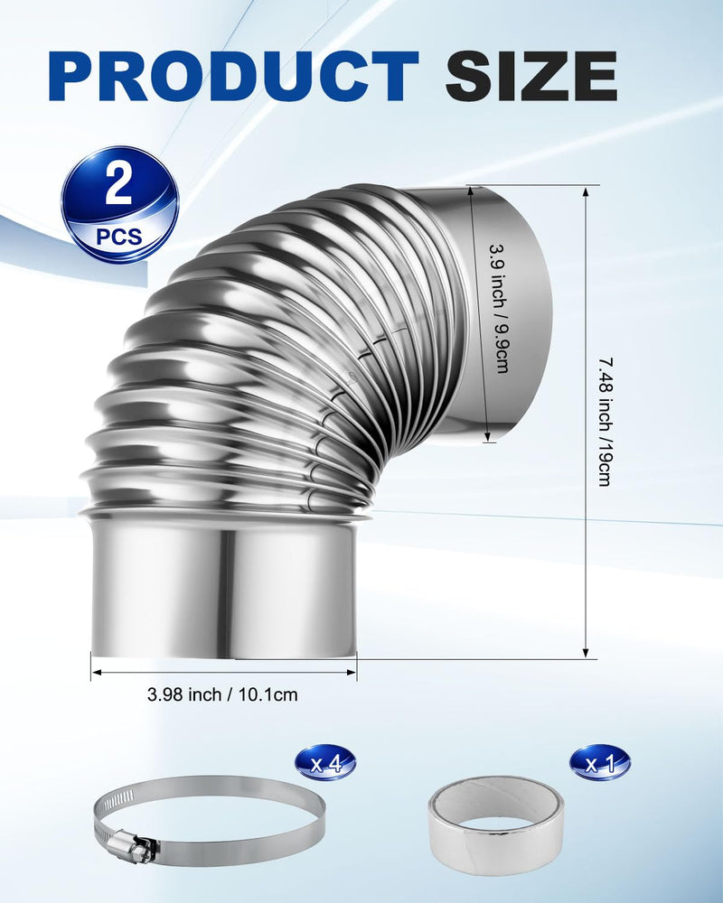 Rocaris 4 Inch 90 Degree Dryer Elbow Vent Tube with 4 Clamps and Aluminum Foil Tape, Stainless Steel Dryer Vent Elbow Connector for 4" HVAC Duct Pipe Ductwork (2PC) 2PCS