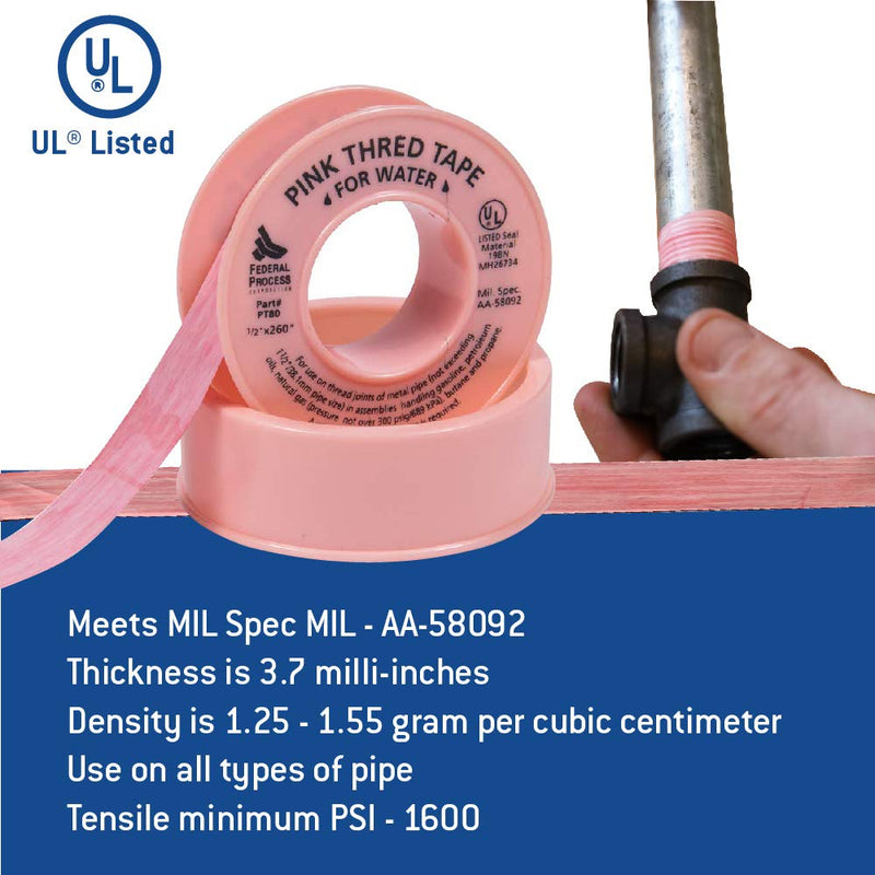 [Australia - AusPower] - Gasoila PT80-24 Pink PTFE High Density Thred Tape Roll, -450 to 550 Degree F Performance Temperature, 3.7 mil Thick, 260" Length, 1/2" Width, Thread tape for Water H2O 