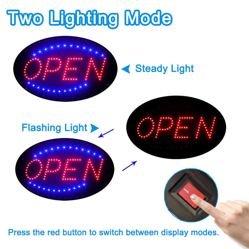 KEBE LED Open Sign, 19"x10" Bright High Visibility Advertisement Board Electric Display Sign Flashing Light for Business Walls Window Bar Shop Hotel, Two Modes 19" x 10" without hours list
