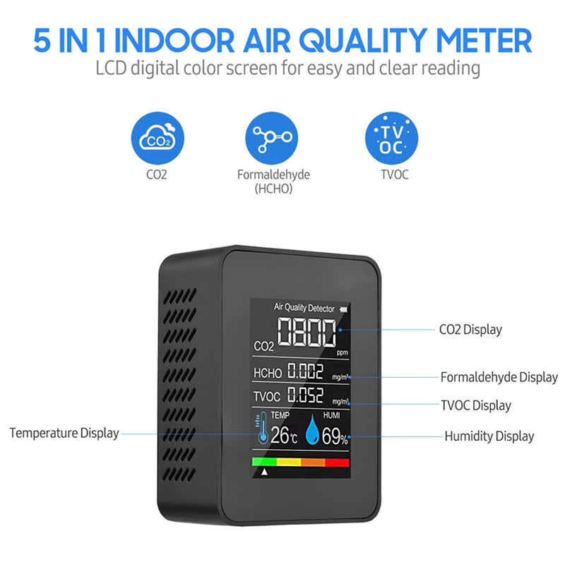 [Australia - AusPower] - Air Quality Meter, CO2 Meter Air Quality Monitor CO2 Carbon Dioxide Detector LCD TVOC HCHO Temperature Humidity Air Quality Monitor 