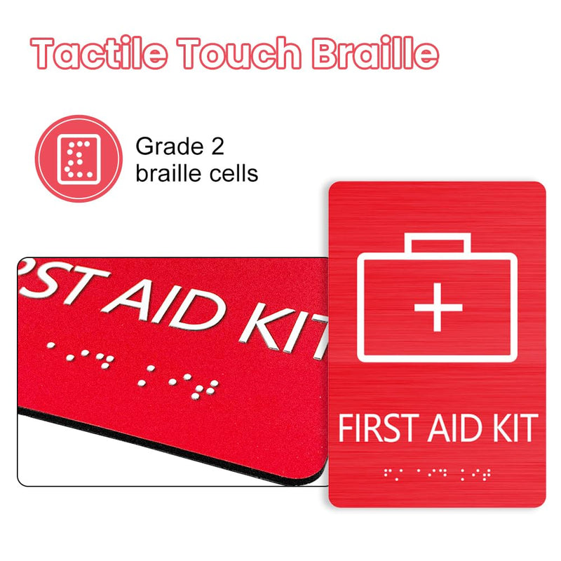 First Aid Kit Sign, ADA Compliant, Aluminum Composite Panel, Grade 2 Braille with Raised Tactile Letters, for Office, Schools, Restaurants & Public Facilities, 6" x 9"(3 Pcs) 3