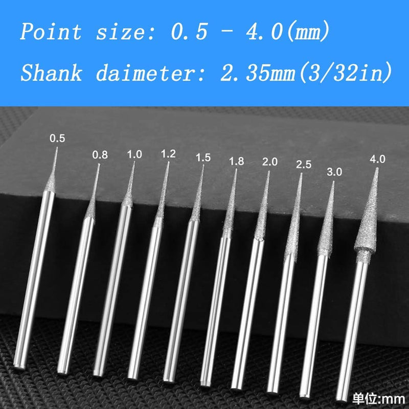 [Australia - AusPower] - Luo ke 10 Pcs Cone Shape Diamond Burr Set - 3/32'' Shank Diamond Cone Burs Stone Carving Bits for Rotary Tool Include Dremel 10pc Cone Shape 