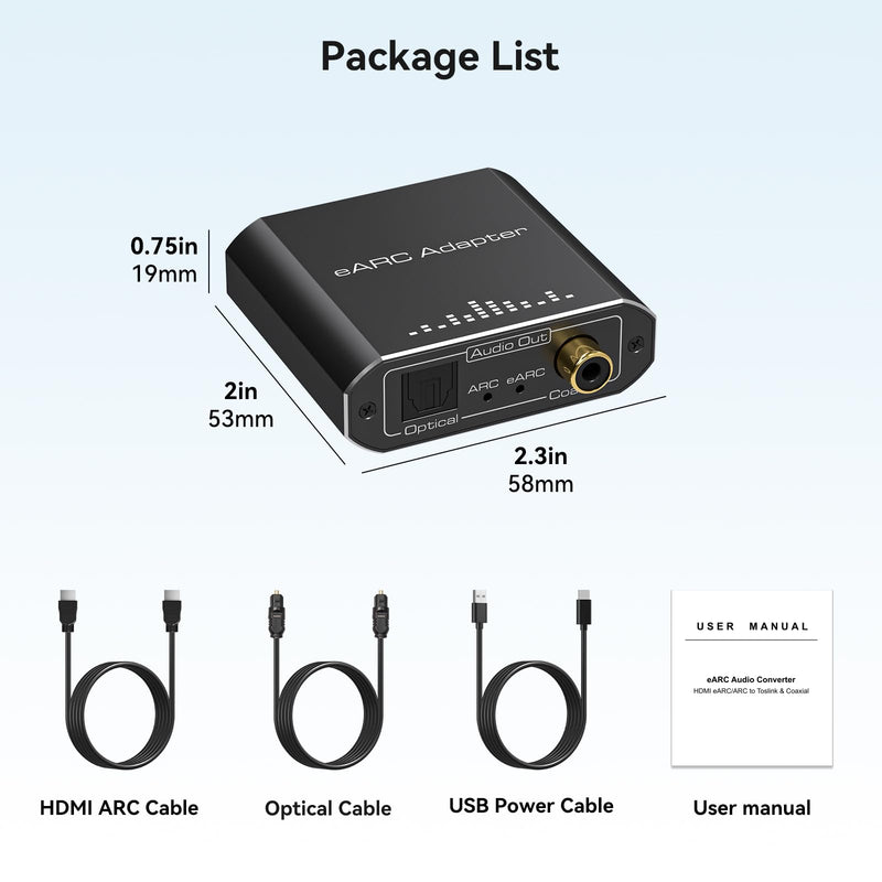 VPFET HDMI eARC Audio Extractor Only Work for HDTV ARC/eARC Audio Adapter Converter HDTV Audio Transmitted via Toslink+Coaxial ports Support 192KHZ for Soundbars Home Theaters and Audio Systems No CEC