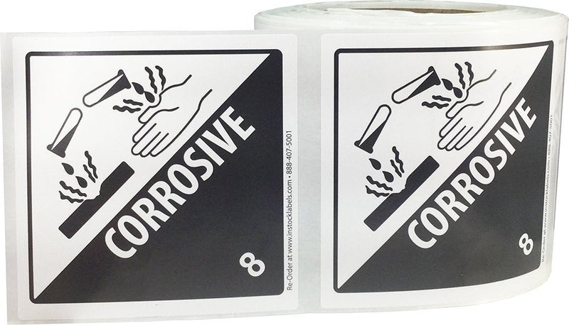 Hazard Class 8 D.O.T. Corrosive Labels, 4 x 4 Inch Square Black and White Hazmat Stickers, 500 Total Adhesive Shipping Labels on a Roll for Compliance – Made in the USA