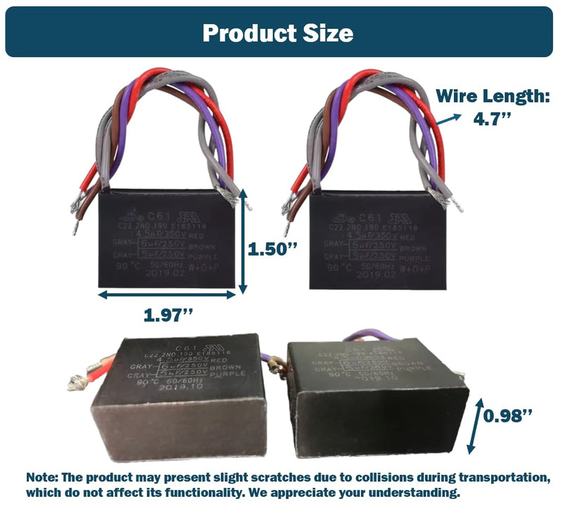2Pcs Ceiling Fan Capacitor C61/CBB61 E185116 4.5uF+6uF+5uF 300/350V+250V+250V AC 50/60Hz 5 Wires Repaiment Parts Home Tools Replacement