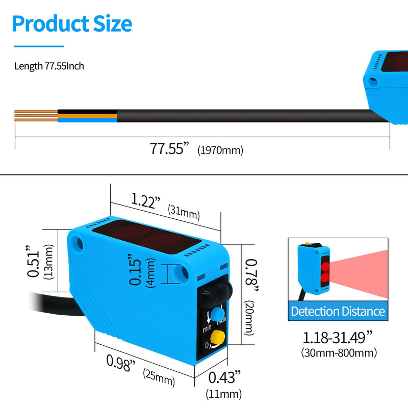 [Australia - AusPower] - Micro Photoelectric Sensor Switch PNP NO+NC,DC10-30V,Distance:80cm/31.52'', AE3Z-D81,Reflective photovoltaic Sensor,Garage Parking sensors,Infrared,Beam mini Small 