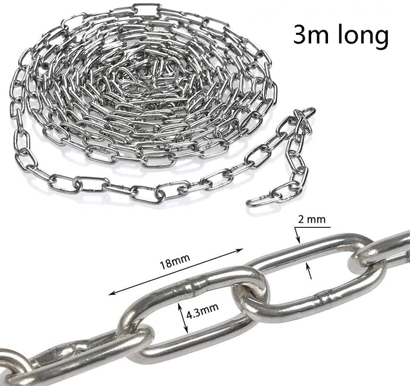 SUS304 Stainless Steel Chain Metal Chain Link Chain Small Light Duty Chain Utility Chain for Home Outdoor Camping Hanging Pet Chain Prevention Theft -Thickness 0.08 inches (2mm)- Length 9.8ft (3m) 2mm*3m