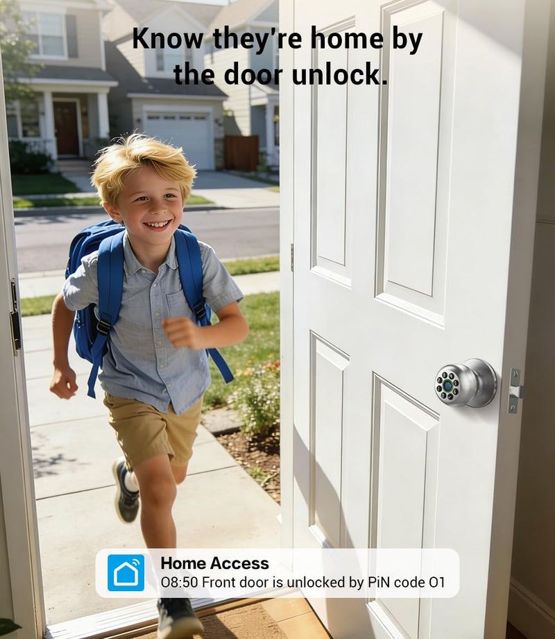 KLLOQUE Smart Fingerprint Door Lock with App Control & Key, Keyless Entry Door Knob, Electronic Keypad Door Knob,Door Locks for Bedroom,Garage,Home,Front Door, Office,Apartment-Bright Silver Bright Silver
