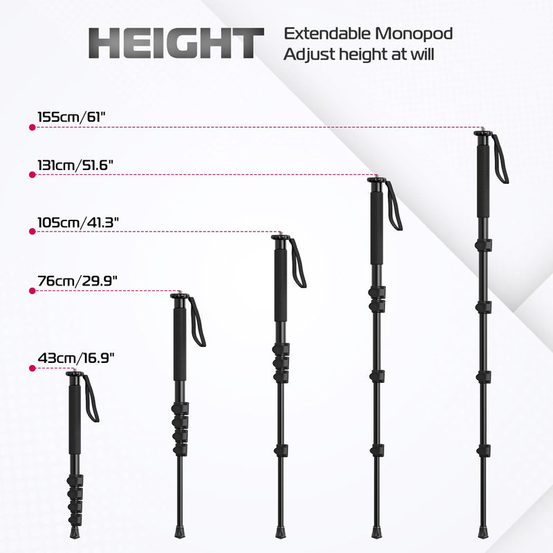 [Australia - AusPower] - ULANZI TB12 61-Inch Camera Monopod, Aluminum Photography Monopod with 5-Section Height, Lightweight & Portable Camera Accessories, for Cameras Canon, Nikon & Sony Mirrorless & DSLR, Easy to Carry 