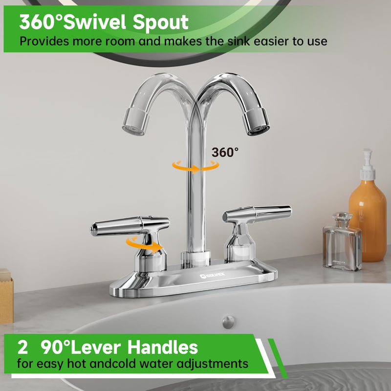 SOLVEX 2 Handle Bathroom Faucet 4 Inch Centerset Bathroom Sink Faucet,3 Hole Bathroom Faucet Chrome,Bathroom Basin Faucet with Deck Mounted Lever Handle,SP-40046 Silver