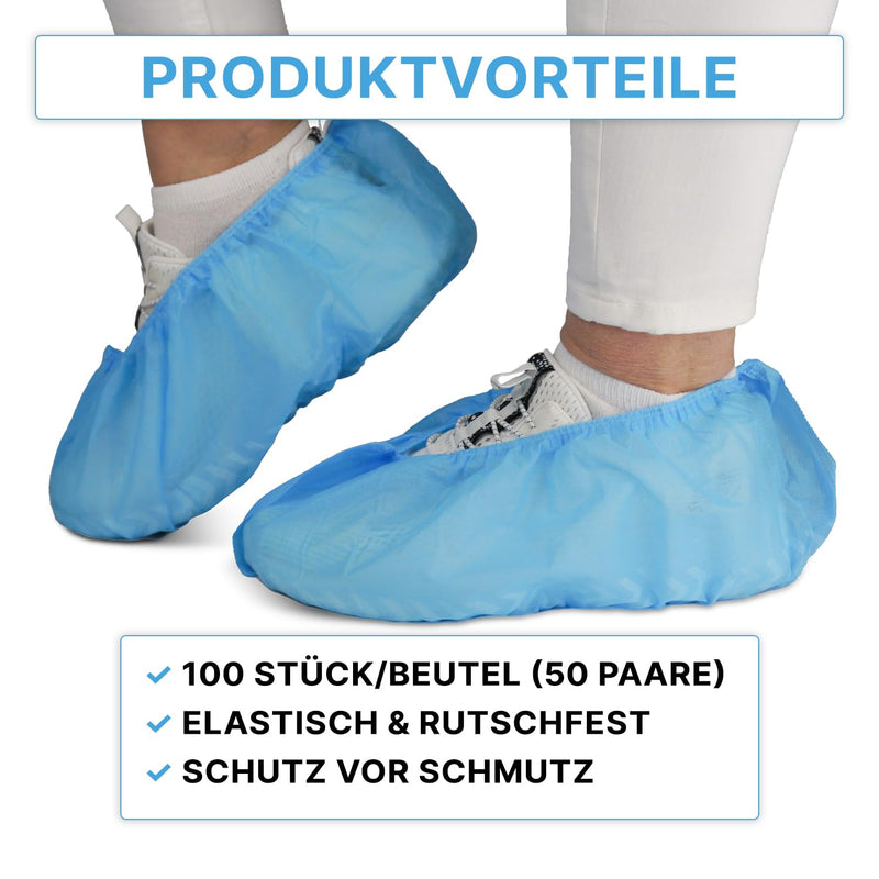 [Australia - AusPower] - 100 ARNOMED PP Disposable Shoe Covers, Blue Overshoes with Non-Slip Sole, Non-Slip ABS Covers, Shoe Protection Covers up to Size 47, Dimensions: 17 x 40 cm, Robust Overshoes for Construction Sites Eco Pack of 100 