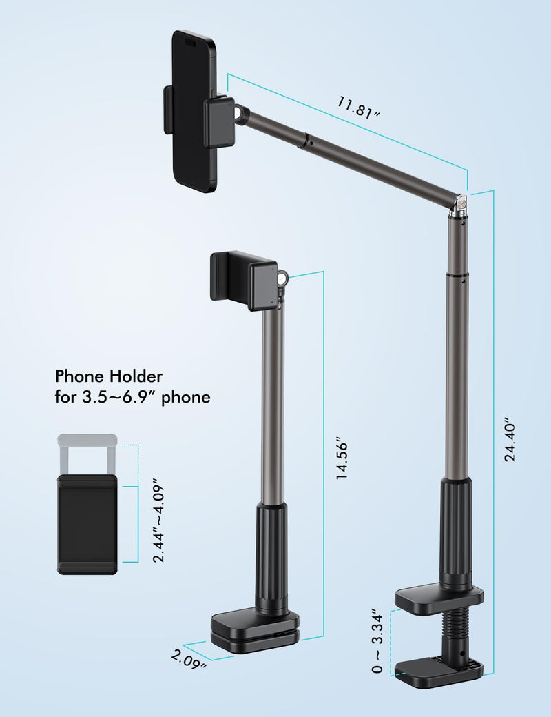 [Australia - AusPower] - Viozon Phone Holder, Flexible Long Arm,Overhead Mount,360° Angle Adjustable,Aluminum Alloy, C Clamp for Headboard Bedside&Table&Desk,Compatible with 3.5"-6.9" Phone,iPhone 16 15Plus / Pro Max Black 