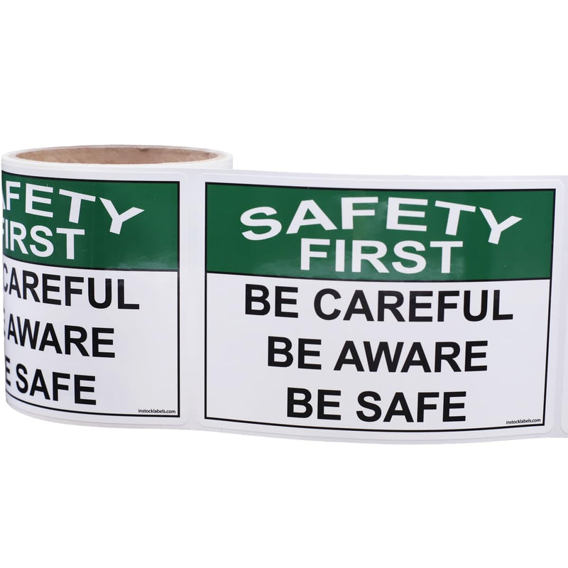 Be Careful Aware & Safe Safety First Labels, OSHA Safety Labels, 3.5 x 5 Inch, 25 Labels Per Roll, Wear Personal Protective Equipment & Safety Gear, Safety Posters, Safety Signs for Workplace
