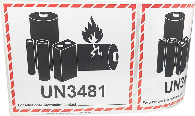UN3481 Caution Lithium Battery Labels 4.5 x 5 Inch 500 Adhesive Stickers