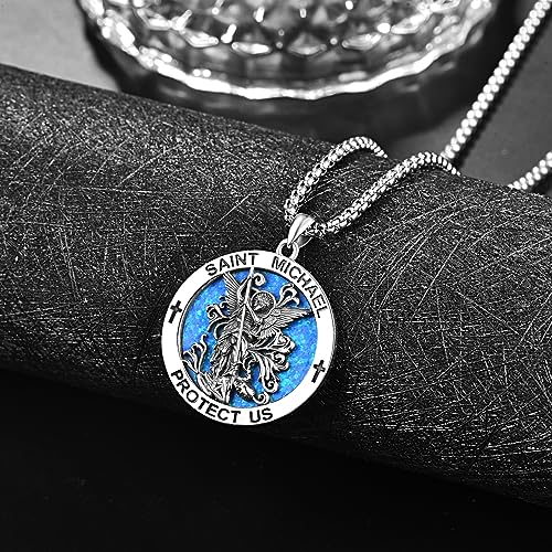 ADMETUS Saint Medals 925 Sterling Silver Protection Necklace Amulet Jewellery Religious Gifts for Men with 2.5mm 22"+2" Rolo Chain A00-Saint Michael (Blue Opal)