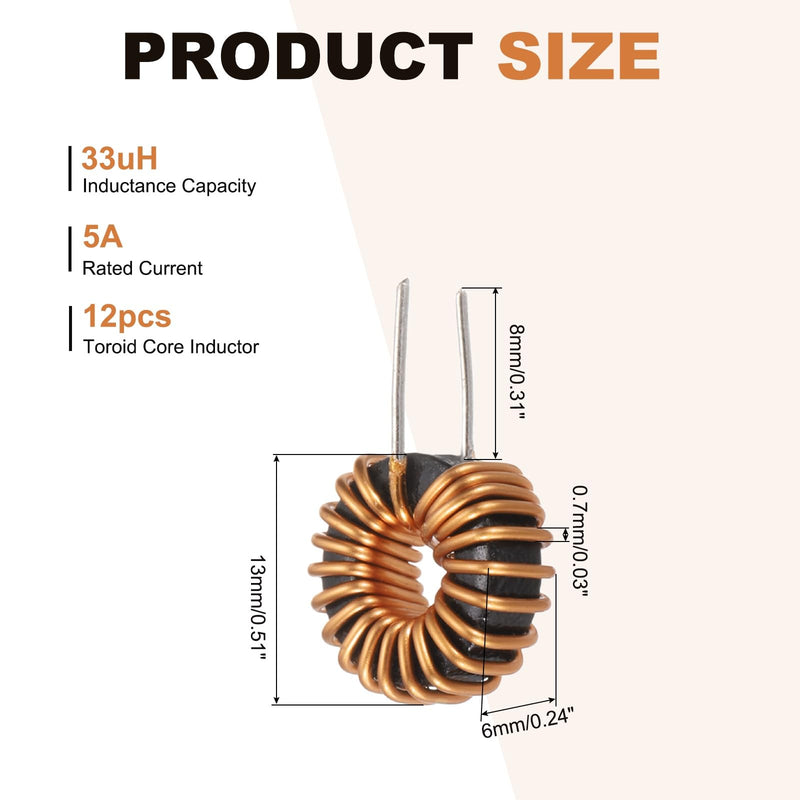 QUARKZMAN Toroid Core Inductor 33uH 5A Copper Wire Winding Inductance Solenoid Coil for Transformers 0.51 Inch Outer Diameter Pack of 12 | Inductance Coil Replacement, Copper Inductance Wire, 13mm Diameter, For Printed Circuit Board