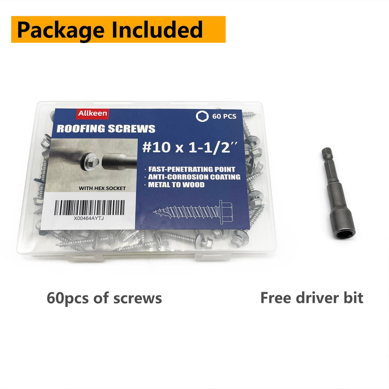 [Australia - AusPower] - #10 x 1-1/2" Hex Head Sheet Metal Roof Screws, Rustpert Coating Metal to Wood siding Screws, 60 Pieces 