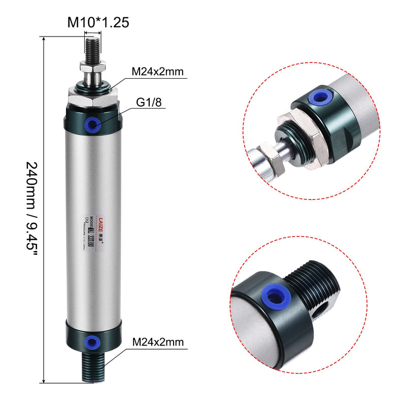 MECCANIXITY Pneumatic Air Cylinder Double Action MAL32X100 32mm Bore 100mm Stroke with Y Connector and 4Pcs Quick Fitting Set 32X100 mm