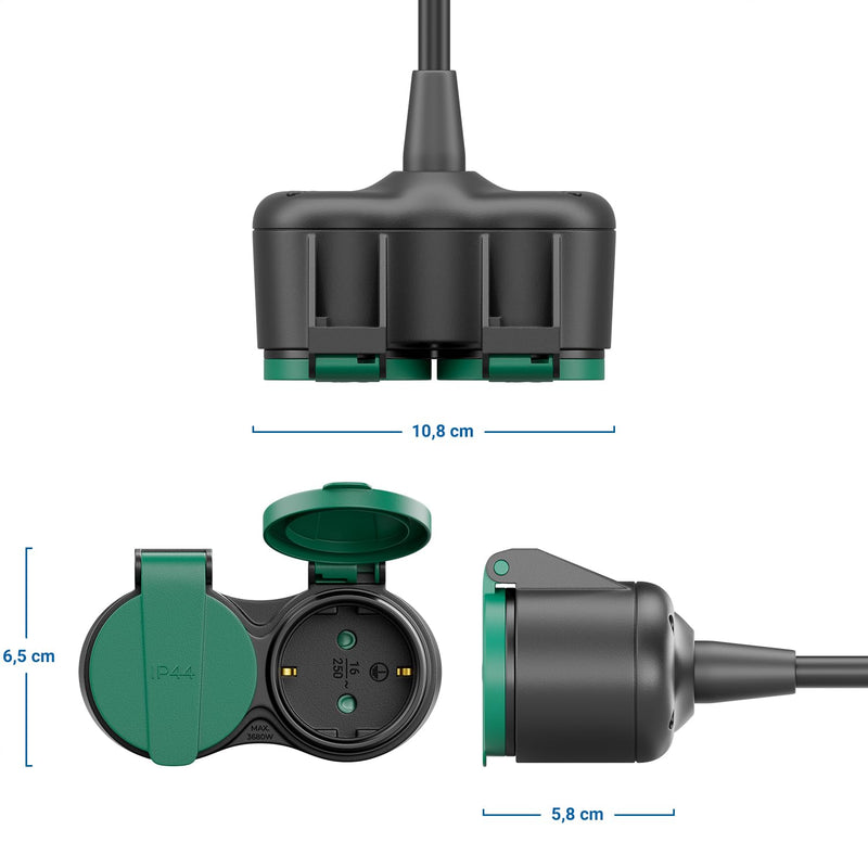 deleyCON 2 m Outdoor Extension Cable IP44 3G 1.5 mm² 2 x Socket - Black | H07RN-F, power cable extension, weather-resistant rubber cable for outdoor use, earthing contact plug to 2x socket