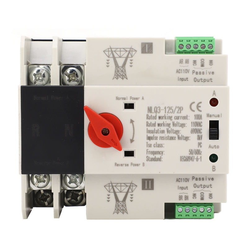 100A 110V Automatic Transfer Switch,2P Mini Dual Power Transfer Switch,50Hz 60Hz 35mm Din Rail Mounting for Home Generator Factories Laboratories Farms Powering Supply