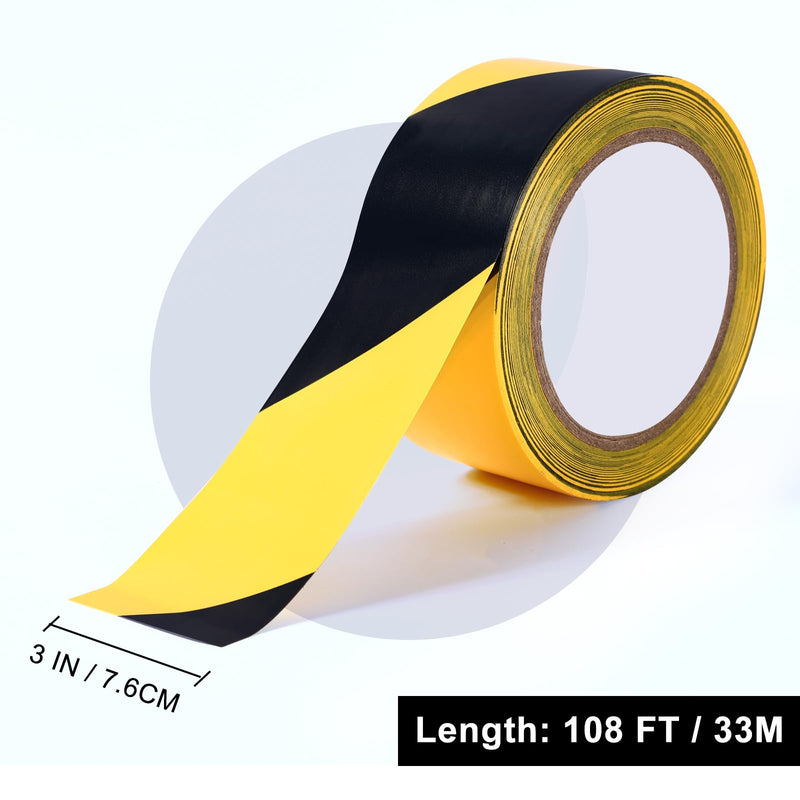 Black & Yellow Safety Tape, 3 Inch x 108FT, Black & Yellow Hazard Warning Stripe Tape, Floor Marking Tape, Strong Adhesive Caution Tape Roll for Walls, Floors, Equipment