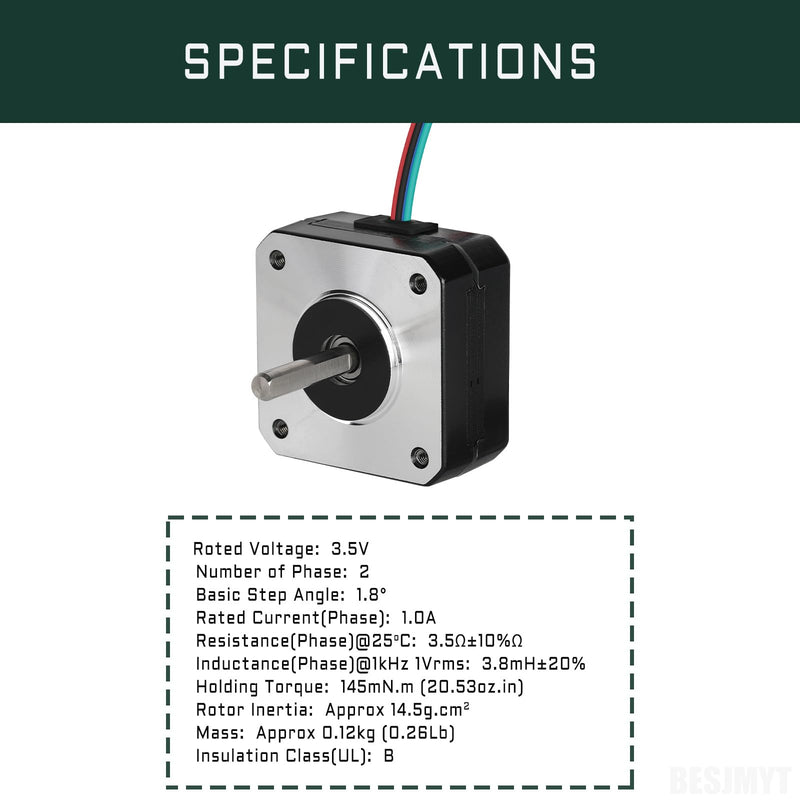 Nema 17 Stepper Motor 5PCS High Torque (145mNm/20.53oz.in) Bipolar 20.5MM Body Length 1A/3.5V 1.8 Deg 2 Phase for 3D Printer with 1m Cable and Connector