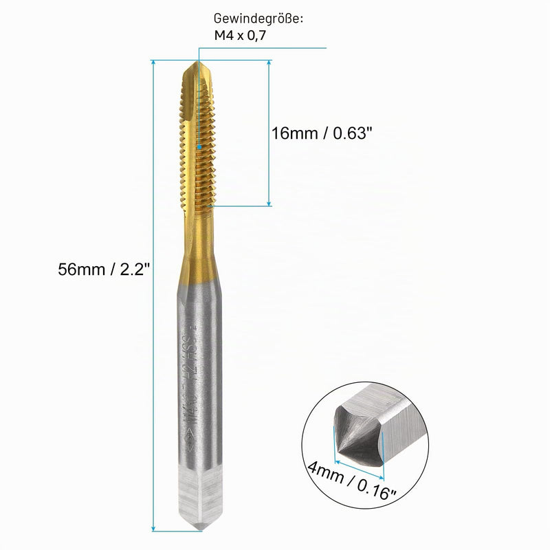 QUARKZMAN 4 Piece Machine Tap Tip M4 x 0.7 Metric | Tip thread cutter HSS M2 (6542) universal and high-quality tap, titanium-coated surface