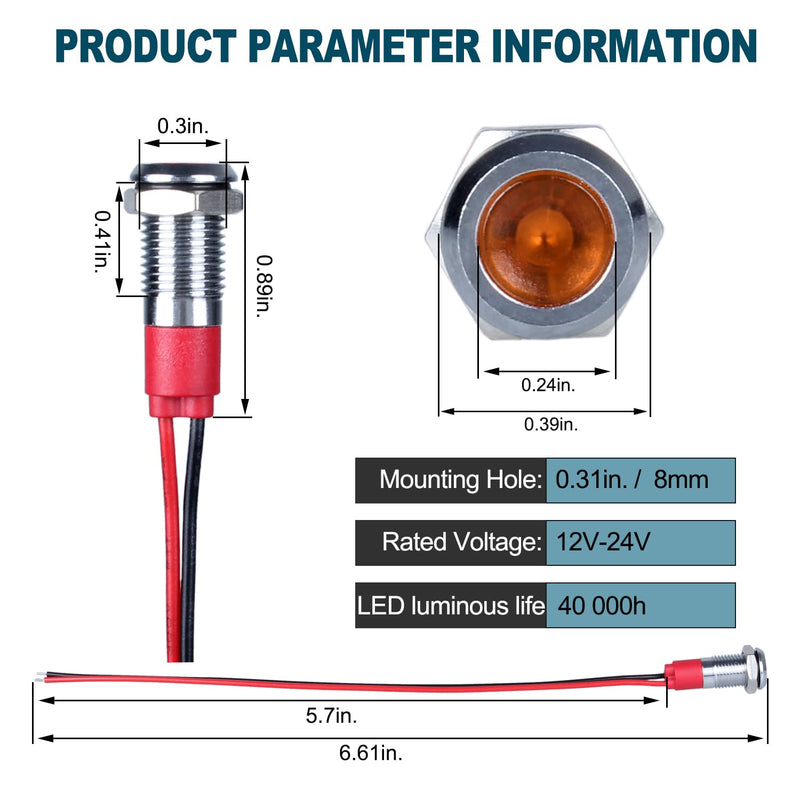 [Australia - AusPower] - 5Pcs 12V-24V Energy Saving LED Indicator Light Mounting Hole 8mm (1/3") 20mA Waterproof Wide Flat head Signal Lamp Pilot Dash Directional with Wire ?Yellow LED? Yellow 