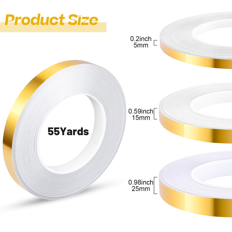 Zonon 3 Sizes Spark Gold Self Adhesive Polyester Film Tape Washi Tape for Car Furniture Graphic Arts Walls Decor, 55 yds (5/10/15mm) 5/10/15mm