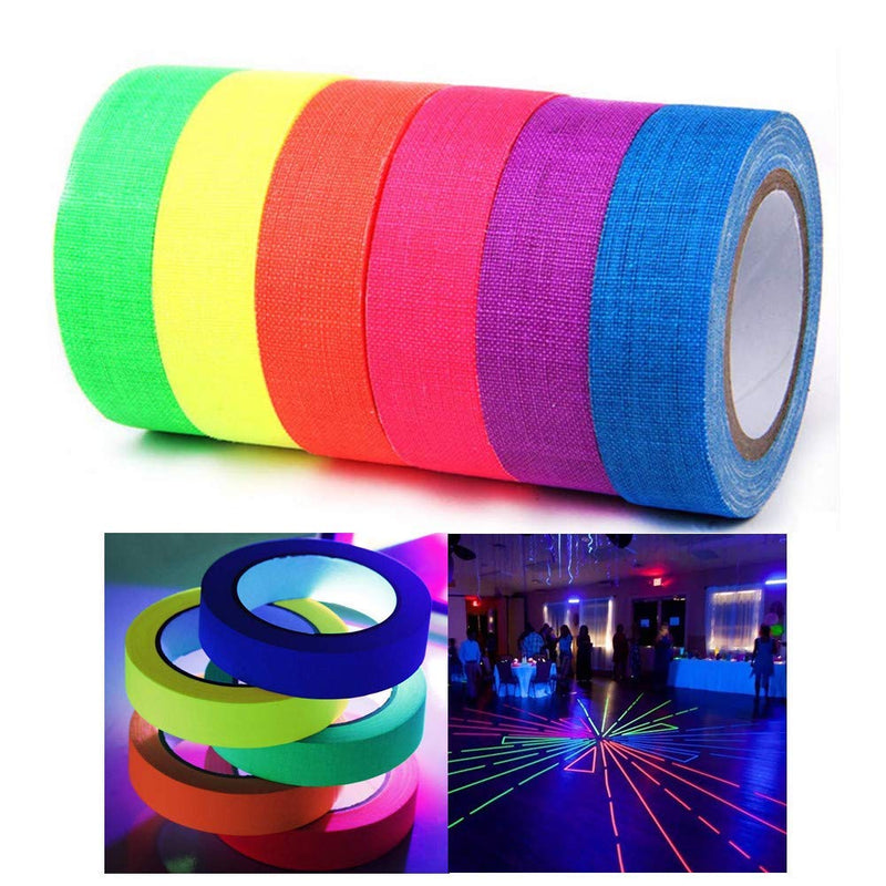 Xindejia UV Blacklight Reactive Fluorescent Cloth Tape Glow in The Dark Neon Gaffer Tape Birthday Christmas Party Supplies.Each roll is 0.6 inch x 16.5 ft (6-Pack)